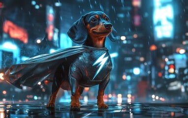 A happy dachshund wearing a superhero costume with a shiny silver cape and a lightning emblem, standing on a futuristic urban-themed background