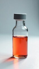 Glass medicine vial filled with colored liquid on white background, healthcare, lab