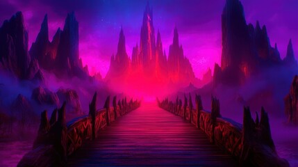 Ethereal Fantasy Landscape with Vibrant Colors and Mystical Castle Silhouette at Dusk