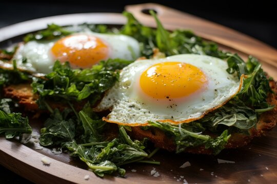 Sunny side up fried eggs are served on toasted slices of bread and topped with fresh kale, parmesan cheese, and black pepper