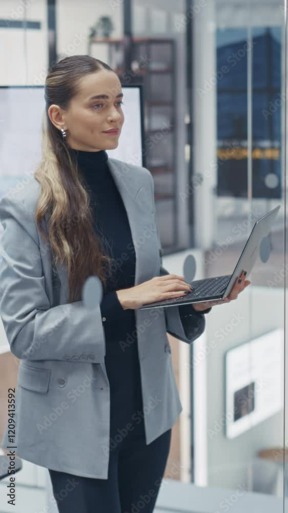 Poster vertical screen: female standing and using a laptop computer to prepare for an important presentatio