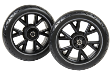 Pair of black stroller wheels isolated with transparent background