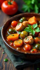 Goulash with vegetables and meat in a rustic bowl, bell peppers, onions
