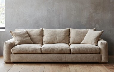Obraz premium A chic beige sofa with textured fabric in a minimalist interior with soft gray walls and wooden flooring