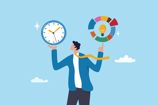Time management, efficiency, productivity to finish work, delegation, finish tasks, prioritize responsibility, manage schedule, planning concept, businessman holding time clock with pie chart routine.