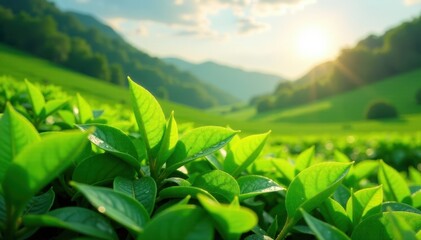 Fototapeta premium Green tea bushes under sunny sky with dew drops , outdoors, garden