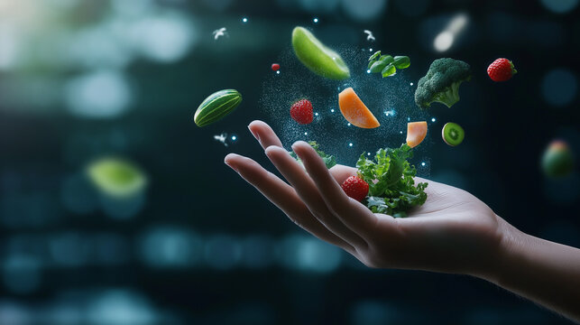 A high-tech concept of a hand holding holographic digital bacteria, with floating fruits and vegetables symbolizing the link to personalized nutrition