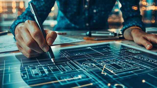 A detailed close-up of hands sketching a product design on paper, surrounded by drafting tools and blueprints. picture