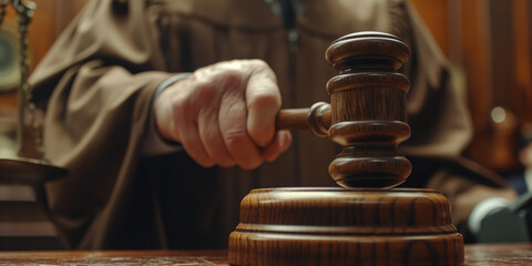 Judge Striking Gavel in Courtroom for Legal Decision and Justice