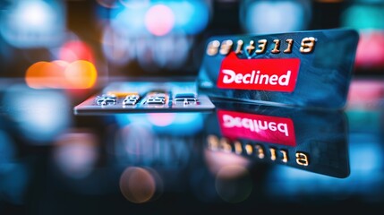 Credit card with red declined stamp on digital transaction screens, symbolizing payment fraud and financial security risks in online transactions.