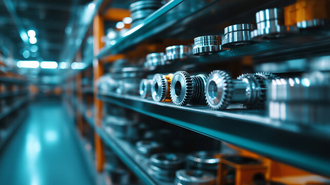 Close-up of a shelf in an auto shop with a diverse selection of car parts, including polished gears and engine components, demonstrating efficient stock management