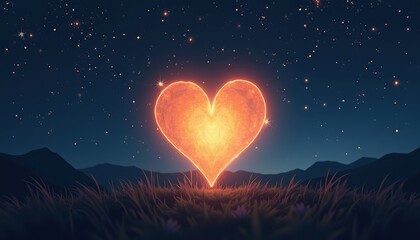 Obraz premium Heart-Shaped Object Glows Against Starry Night Sky with Majestic Mountains and Lush Green Grass