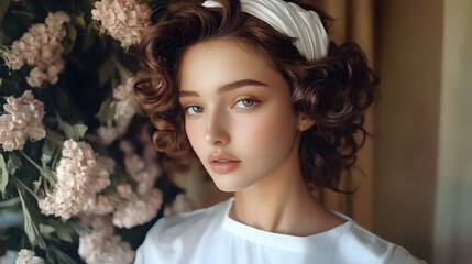 Fototapeta premium Young woman demonstrating heatless silk ribbon curls method, women's styling