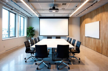 Spacious conference room with a large table, comfy chairs, and a projector for presentations