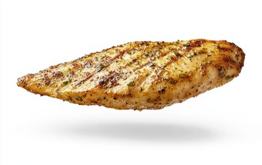 A marinated chicken tender floating mid-air on a bright, crisp white background