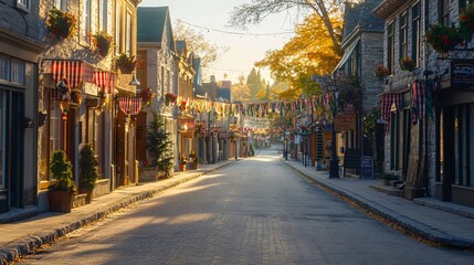 Obraz premium Charming Early Morning Street in Historic Town with Colorful Decorations