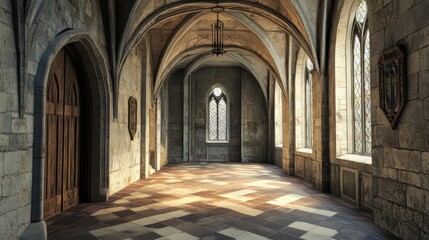 Ancient Stone Hallway with Arched Windows and a Wooden Door