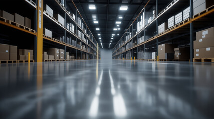 Fototapeta premium A wide-angle view of a warehouse with glossy floors, perfectly aligned shelves brimming with boxes, and clear signage guiding efficient operations