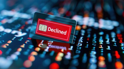 Credit card with red declined stamp on digital transaction screens, symbolizing payment fraud and financial security risks in online transactions.