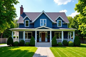 Fototapeta premium Large blue gray house with porch and front yard, exterior shot, large house