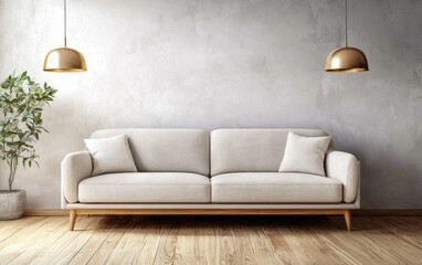 A minimalist Scandinavian-style living room with a light gray sofa, wooden flooring, and soft ambient light