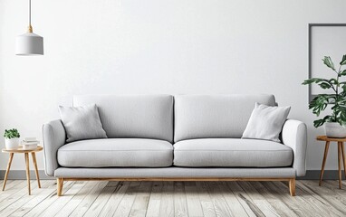 A minimalist Scandinavian-style living room with a light gray sofa, wooden flooring, and soft ambient light