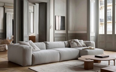 Fototapeta premium A minimalist Scandinavian-style living room with a light gray sofa, wooden flooring, and soft ambient light