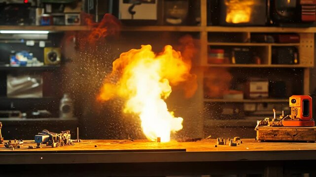 A faulty lithium battery explodes on a workbench in a garage, sending flames and sparks flying in all directions. picture