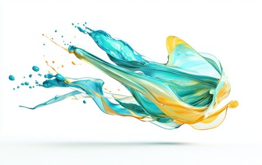Fototapeta premium An abstract spray of turquoise blue and soft yellow paint splashes, frozen mid-motion on a pristine white background