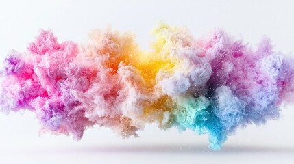 Fototapeta premium Vibrant multi-colored smoke cloud floating horizontally against a clean white studio background.