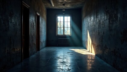 Obraz premium Long dark hallway with a single spotlight shining on a window high up on the wall, isolated spot, long corridor