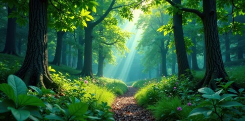 Lush forest with vibrant green and blue foliage in sunlight , forest, sunlight