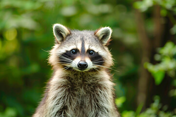 Fototapeta premium A close look at a raccoon's curious expression, highlighting its whiskers and alert features in nature.