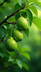 Lush green tree with fruit hanging from branch, tree, nature