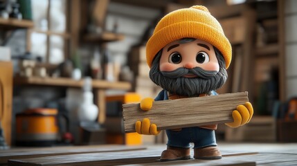 Fototapeta premium Cheerful cartoon carpenter character holding a wooden plank, wearing a bright orange beanie and gloves, in a cozy workshop filled with tools and wood materials.