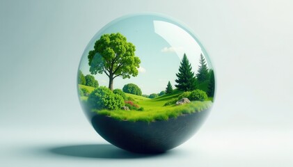 Lush vegetation and trees in a clear glass orb, interior design, botanicals