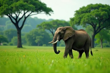Fototapeta premium Majestic African forest elephant stands alone on a lush green savannah, exuding serenity, savannah, posture
