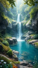 A lush hidden valley cascading waterfall.