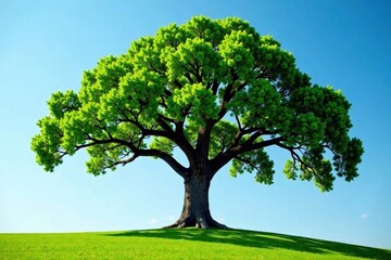 Obraz premium Majestic oak tree with lush green leaves and strong branches standing tall against a clear blue sky, trees, outdoors