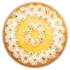 Fototapeta premium Lemon Jelly Meringue Tart isolated on white background. Lemon Jelly Meringue Tart with gold leaf covers the top isolated on white background PNG File.