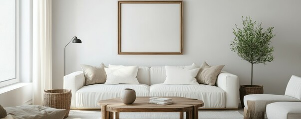 Rustic coffee table near white sofa against wall with art frame. Farmhouse interior design of modern living room.