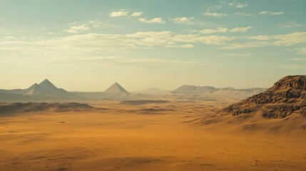Vast Desert Landscape with Pyramids and Dramatic Sky at Sunset