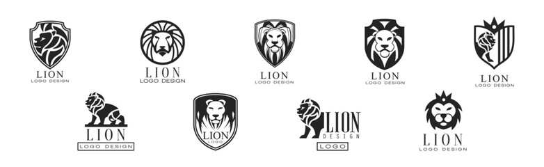 Lion Monochrome Logo and Label Design Vector Set