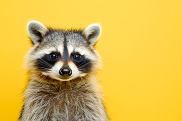 Obraz premium A curious raccoon with expressive eyes poses against a clean yellow background.