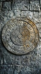 Obraz premium Ancient Stone Wheel of Time - Mysterious Carvings on a Stone Wall