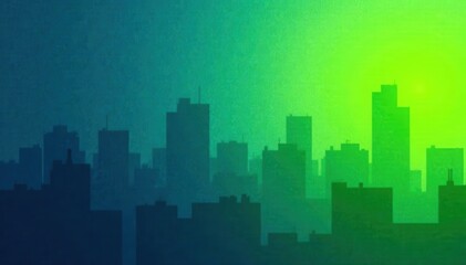 Fototapeta premium Navy blue and lime green gradient background with grainy texture, featuring a blurred cityscape at dusk , urban landscape, atmospheric conditions