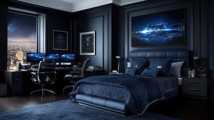 Fototapeta premium Modern Luxury Bedroom with Elegant Design and View Over Cityscape at Night