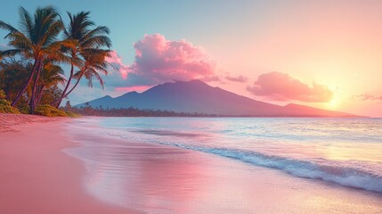 Pink sunset beach, palm trees, volcano
