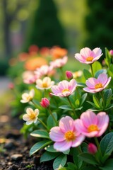 Obraz premium Pastel hued flowers line a beautifully maintained spring border with lush greenery, gardening, pastel flowers