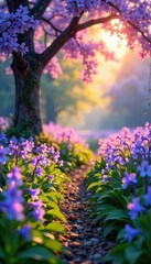 Obraz premium Peach morning light dances among delicate bluebells and wisteria in full bloom, wisteria blossoms, nature scenery